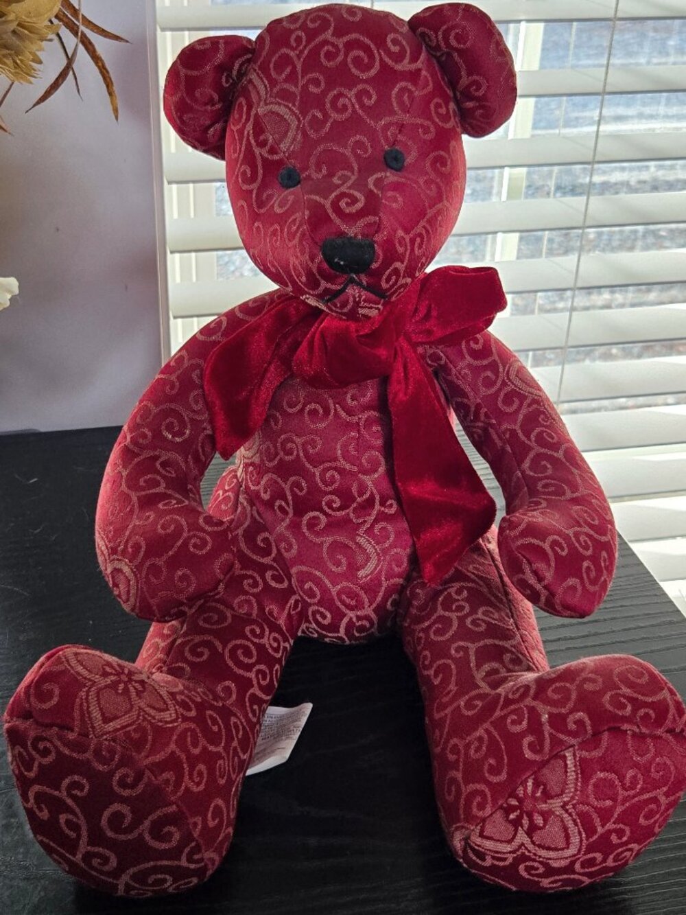 Vintage pier 1 Embroidered burgundy/red/tan bear with velvet bow 16 inches